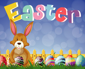 Happy Easter font design with bunny and eggs in garden