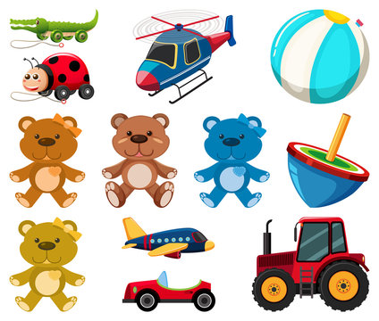 Large set different toys on white background