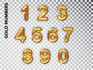 Golden numbers set isolated. Realistic gold shiny 3d numbers with shadow. For decoration of cute wedding, anniversary party label