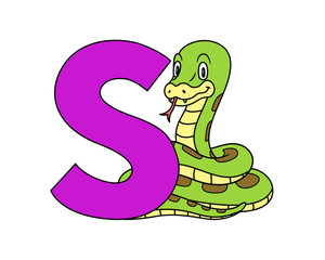 Animal alphabet. capital letter S, Snake. Raster illustration. For pre school education, kindergarten and foreign language learning for kids and children. For print and books, zoo topic.