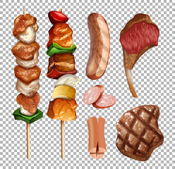 Set of grilled food on transparent background