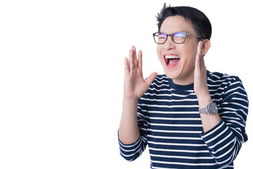young attractive asian male hand gesture shout loud exited expression japanese man tell new promotion with wow experience positive emotion white background