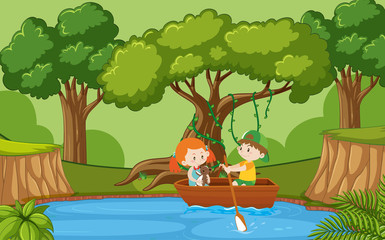 Background scene with boy and girl in rowboat