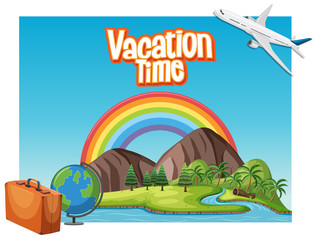 Naklejka premium Font design template for word vacation time with airplane flying
