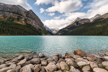 Scenery of Rocky Mountains with blue sky in Lake Louise at Banff national park