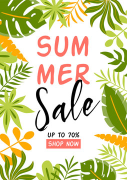 Summer sale banner. Summer background with tropical leaves Green tropic banner Sale template Vector