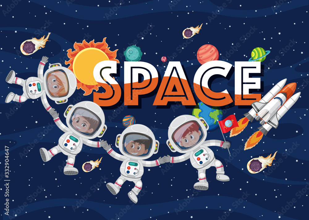 Wall mural poster design with astronauts and spaceship in the space background