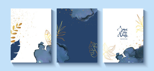 Set of creative cards with blue watercolor, golden sequins and hand drawn tropical plants. Design for greeting card, brochure, cover, invitation and more. Vector illustration.