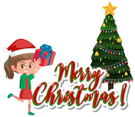 Fototapeta na wymiar Font design template for merry christmas with girl and present