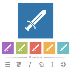 Sword flat white icons in square backgrounds