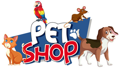 Font design for word pet shop with many animals