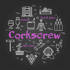 Vector black concept of winemaking with text Corkscrew