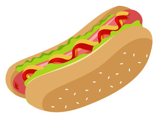 Hotdog with sausage and bun on white background