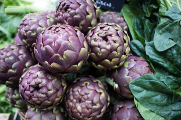 Blue fresh artichokes for sale at farmers market.