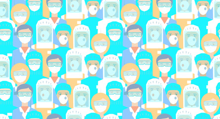 Doctors, nurses, medical staff, disinfectors, immunologists, virologists, epidemiologists. Dressed in protective medical clothing, face mask. Novel coronavirus (2019-nCoV) Seamless pattern vector. 