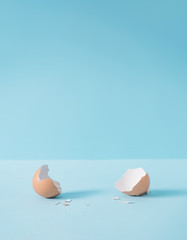 Empty eggshell with creative copy space on pastel blue background. Minimal Easter holiday concept. - 332905857