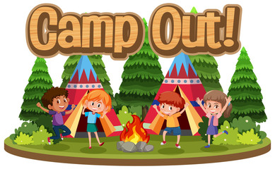 Font design for word camp out with happy kids in forest
