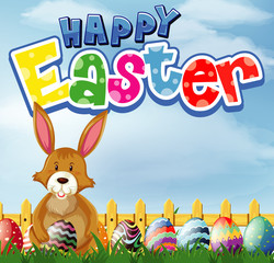 Happy Easter font design with bunny and eggs
