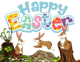 Obraz na płótnie Canvas Happy Easter font design with easter bunnies in the garden