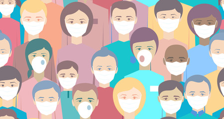 Fototapeta premium Coronavirus in China. Novel coronavirus (2019-nCoV), people in white medical face mask. Concept of coronavirus quarantine vector illustration. Seamless pattern.