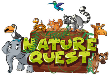 Font design for word nature quest with many wild animals