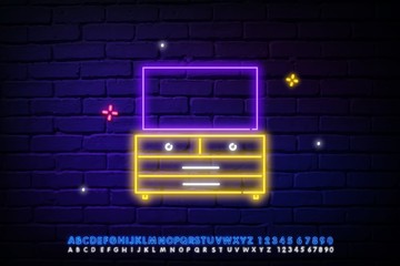 Chest of drawers with TV neon icon. Simple thin line, contour vector of home icons for ui and ux, website or mobile app