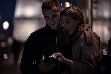 couple in love spring walk, boy and girl, city travel seasonal look