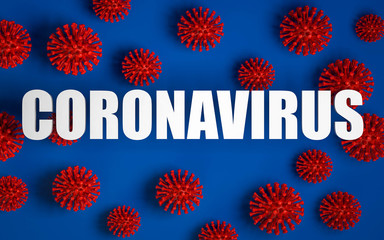 3d render background of red virus models on blue and white text banner. Coronavirus and COVID-19 global epidemy backdrop. Corona virus pandemy
