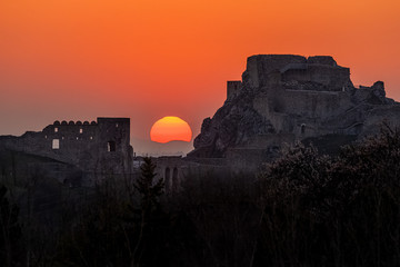 Sunset above ruins of ancient Devin (Theben) castle in Bratislava, Slovakia