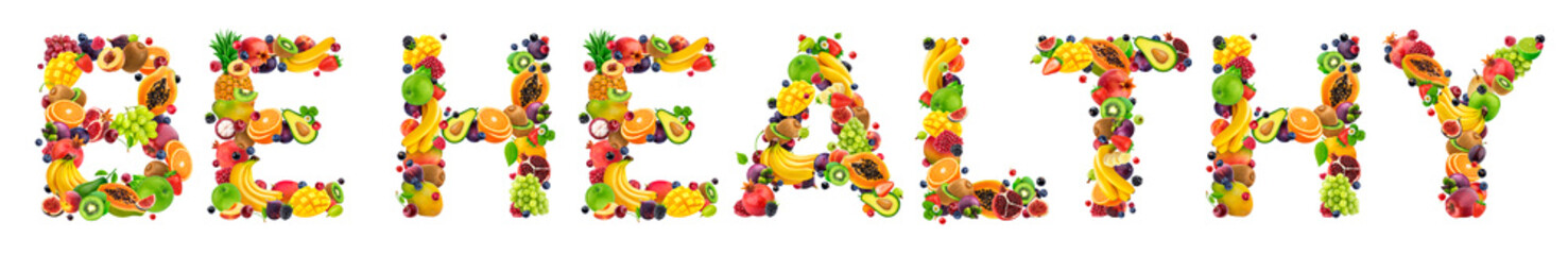 Be healthy text, coronavirus concept made of fruits