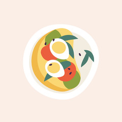 Vector illustration of avocado toast with tomato and eggs and sesame seeds. Vegan sandwich.