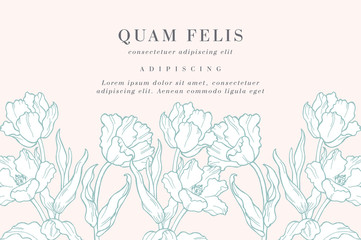 Vintage card with tulip flowers. Flower frame for flower shop with label designs. Summer floral lily greeting card. Flowers background for cosmetics packaging.