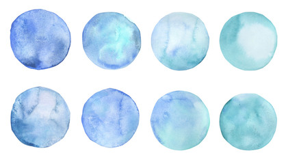 Watercolor hand drawn blue splash collection. Set of creativity watercolor spots. 