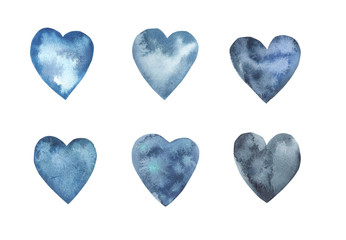 Watercolor hand drawn blue splash collection. Set of creativity watercolor spots. Watercolor dark hearts set