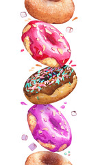 Donuts fly fall motion chocolate icing icing sugar cafe snack watercolor illustration isolated
