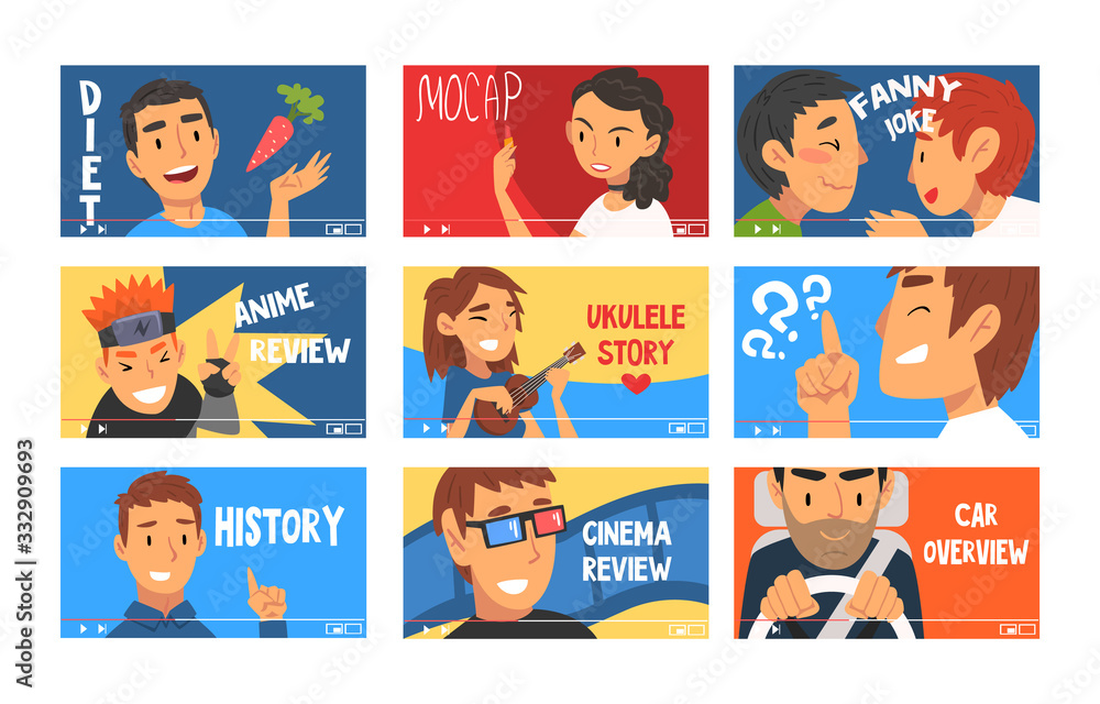 Aufkleber bloggers advertising something and giving tutorials vector illustrations set. social media creators 