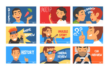 Bloggers Advertising Something and Giving Tutorials Vector Illustrations Set. Social Media Creators Concept