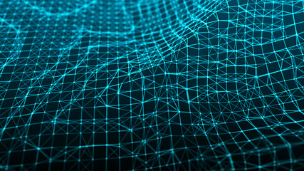 Network of bright connected dots and lines. Abstract dynamic wave of many points. Digital background. 3D rendering.