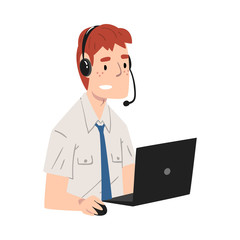 Male Call Center Operator, Online Customer Support Service Assistant with Headset Consulting Client, Help Desk, Online Technical Support Vector Illustration