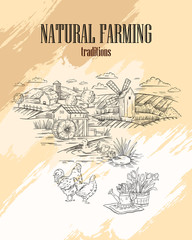 Vector hand drawn banner in engraving style of rural landscape with mill, barn, field, mill and poultry. Label or print for local farm market, organic food store or natural products shop. © Oleksandra