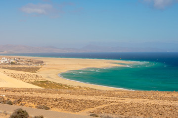 Fuerteventura, Canary Islands, Spain. Beautiful landscape of mountains, beach and coast of Atlantic Ocean 