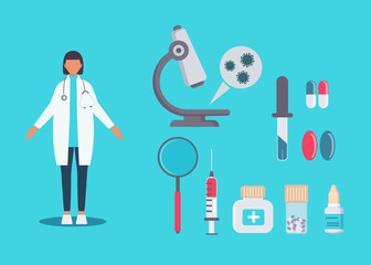 Medicine set. Woman profession character vector design. Cartoon realistic people illustration. Flat young woman. Woman worker. Doctor. Nurse in a white coat with a folder in her hands.