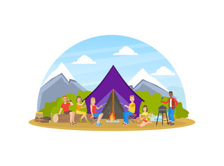People Camping and Hiking on Nature, Cheerful Tourists in Mountain Landscape, Summer Holidays Adventure Vector illustration