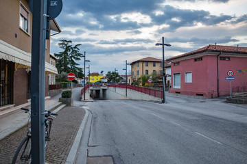 Little Italian city during an epidemic. Deserted streets. No people. No cars. No one. Manzano, Friuli-Venezia Giulia. Italy
