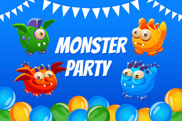 Monster Party Banner Template with Cute Funny Monsters Characters, Happy Birthday Poster, Flyer, Invitation Card Vector Illustration