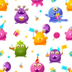 Behang Monsters Leuke grappige monsters naadloze patroon, Kids Birthday Party Design Element kan worden gebruikt voor stof, behang, verpakking, webpagina vectorillustratie