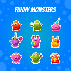 Cute Funny Monsters Collection, Funny Aliens Childish Stickers Vector Illustration