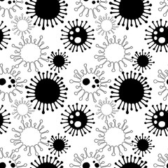 Abstract seamless pattern with Coronavirus bacteria icons. Hand drawn sketch style. Danger. Black and white vector illustration on white
