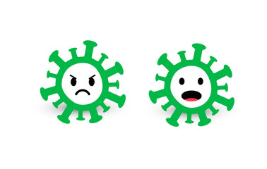 Virus and bacteria icons, green circles with angry and scared faces. Cartoon coronavirus emoji, sticker template. Illustration for medicine, news, media, science, pharmacy. Vector sign.