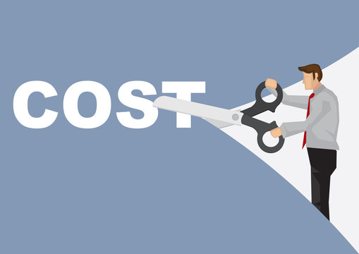 Businessman with a giant scissor cutting a cost paper.